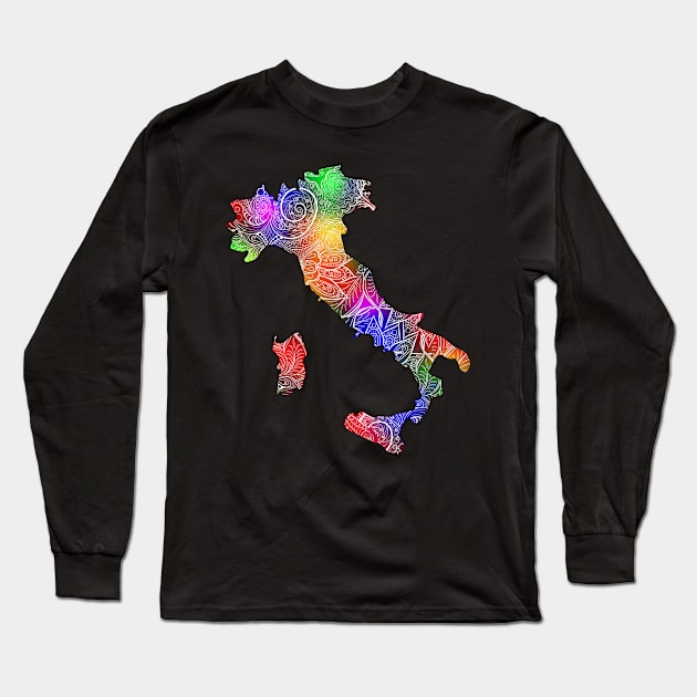 Colorful mandala art map of Italy with text in multicolor pattern Long Sleeve T-Shirt by Happy Citizen